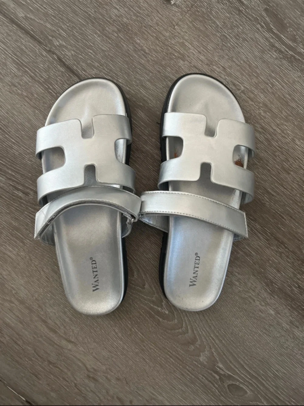 WANTED Metallic Silver Double-Strap Slide Sandals